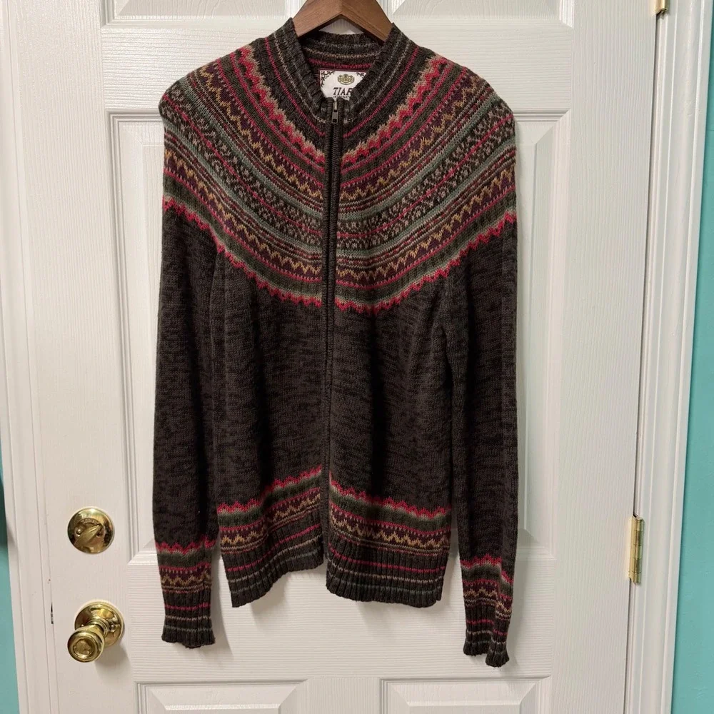 Vtg Y2k Cardigan Womens M Nordic Fair Isle Brown Zip Knit Sweater Cabin Cozy